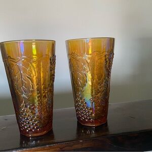 Unique Vintage Amber Glass Tumblers with Grape Design